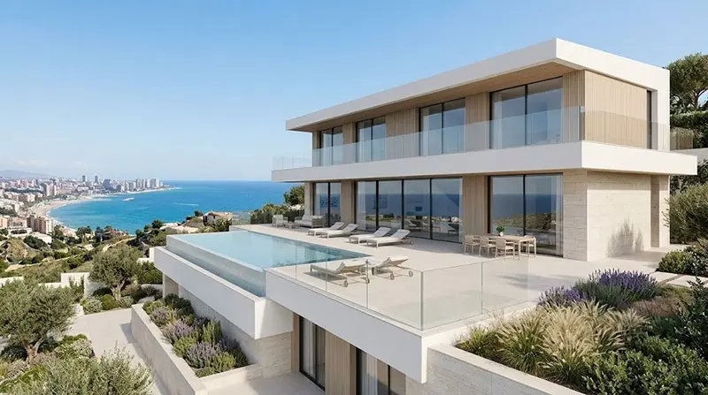 Chalet de lujo de líneas limpias con piscina y vistas al mar en la Costa del Sol, Málaga.