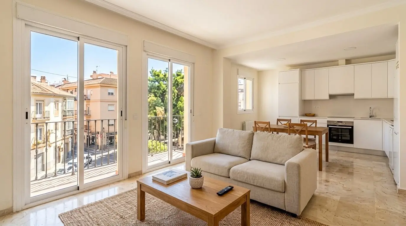 Salón de piso moderno y luminoso en Málaga optimizado para la venta con Evo Home